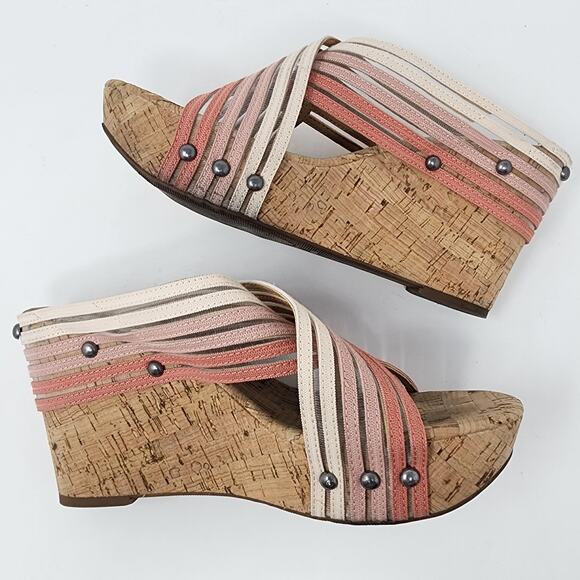 Lucky Brand Wedge Sandals Women 7.5M Kayla Pink Canyon Clay Ombre Stripe Cork - Picture 7 of 10